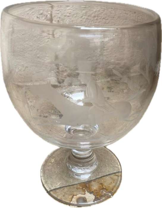 Antique large etched glass goblet horse dogs fox hunting trophy vase