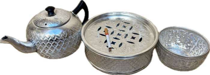 Vintage tea kettle set aluminium ware Thai handicraft pattern 5 piece