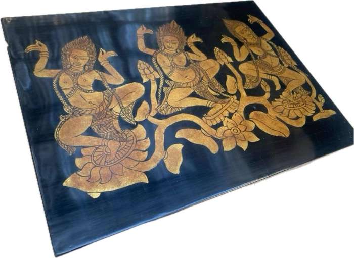 Indian hindu apsaras lotus gold lacquer plaque wall hanging