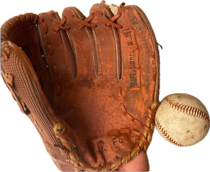 Vintage leather flame baseball  base ball mitt glove and a pair of old Wilson ball balls