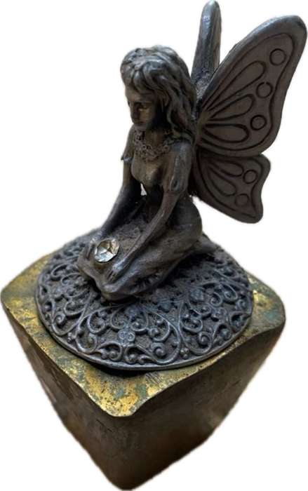 Pewter fairy angel on brass pedestal ashtray myth and magic trinket box