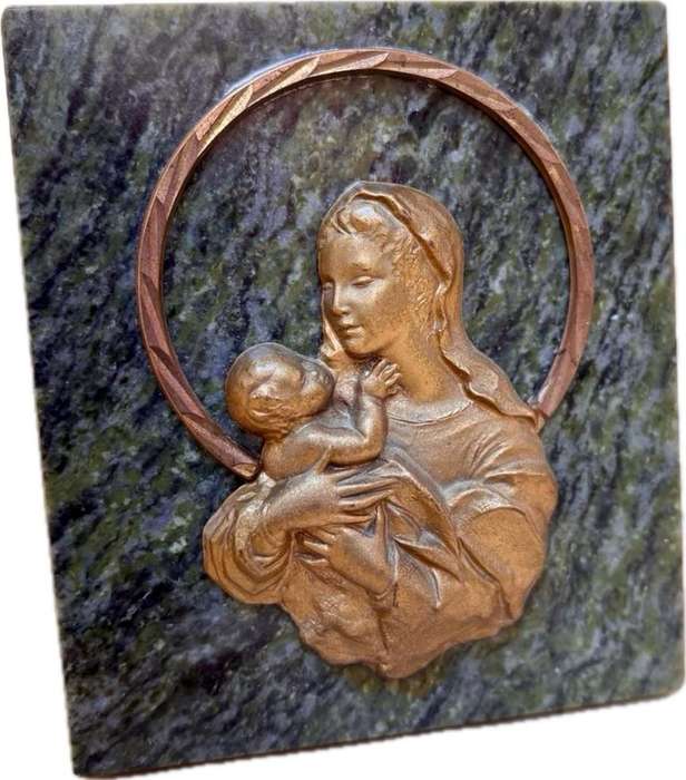 Vintage brass Virgin mother Christ  plaque on marble desktop art