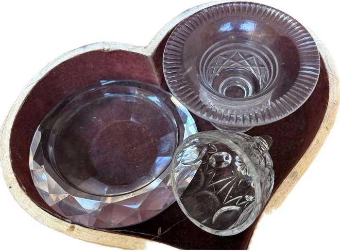 Crystal trinket dish , crystal candle holder and crystal footed glass lot