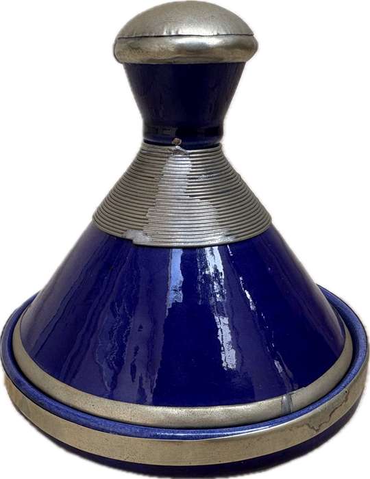 Vintage Moroccan tajines tagline cobalt blue terracotta with metal trimming