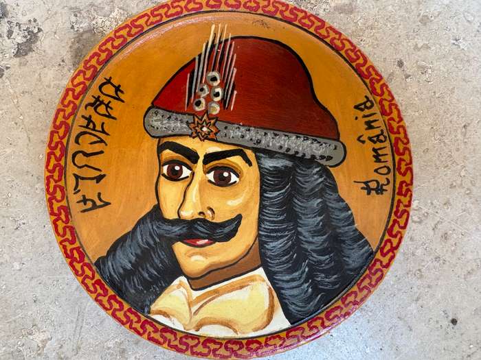 Vintage wood carved art plate Romania Dracula