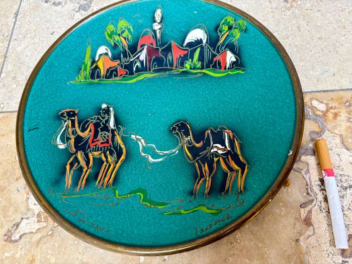 Vintage hand painted on brass Israel wall decor plate 25cm