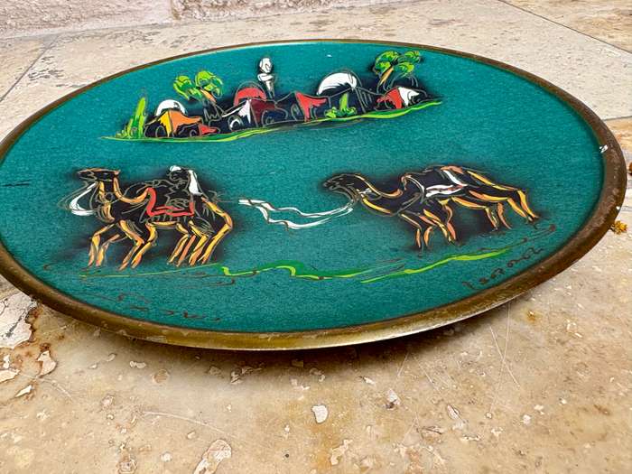 Vintage hand painted on brass Israel wall decor plate 25cm
