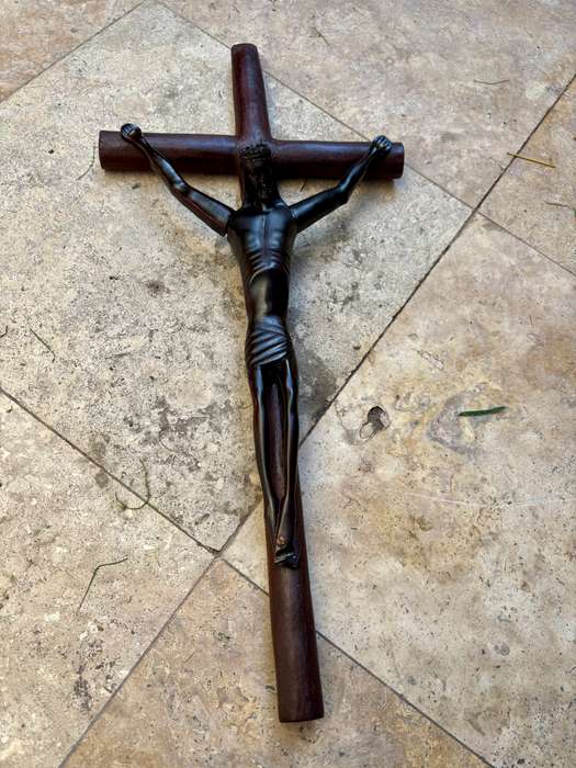 Large ebony wood carved crucifix Christ corpus 60 cm x 27 cm
