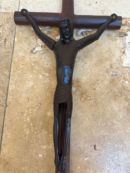 Large ebony wood carved crucifix Christ corpus 60 cm x 27 cm