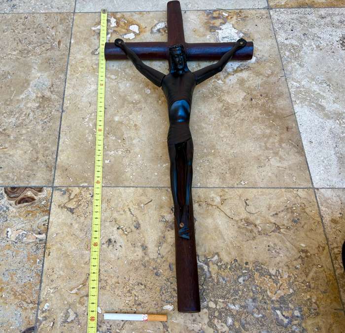 Large ebony wood carved crucifix Christ corpus 60 cm x 27 cm