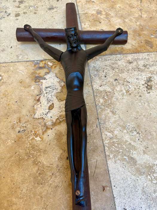 Large ebony wood carved crucifix Christ corpus 60 cm x 27 cm