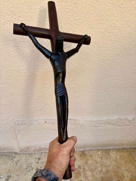 Large ebony wood carved crucifix Christ corpus 60 cm x 27 cm