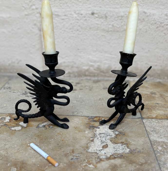 Antique gothic Victorian  bronze gargoyle dragon candle stick holder pair