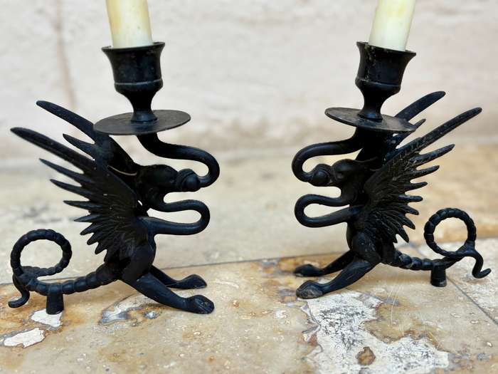 Antique gothic Victorian  bronze gargoyle dragon candle stick holder pair
