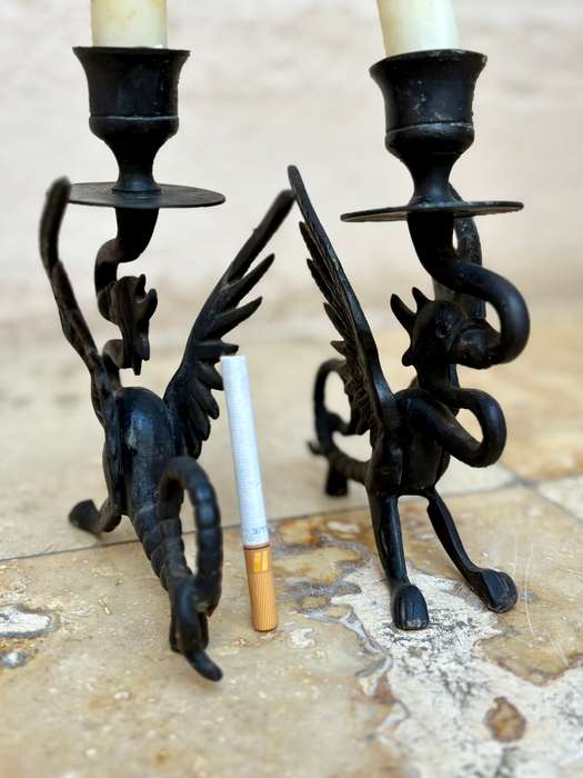Antique gothic Victorian  bronze gargoyle dragon candle stick holder pair