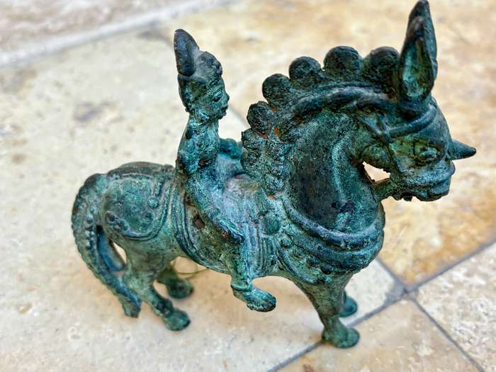 Vintage bronze horse with rider sculpture warrior knight statuette