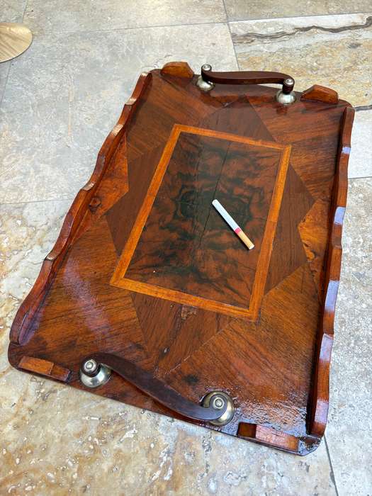 Vintage wood drinks tray inlay detail varnished