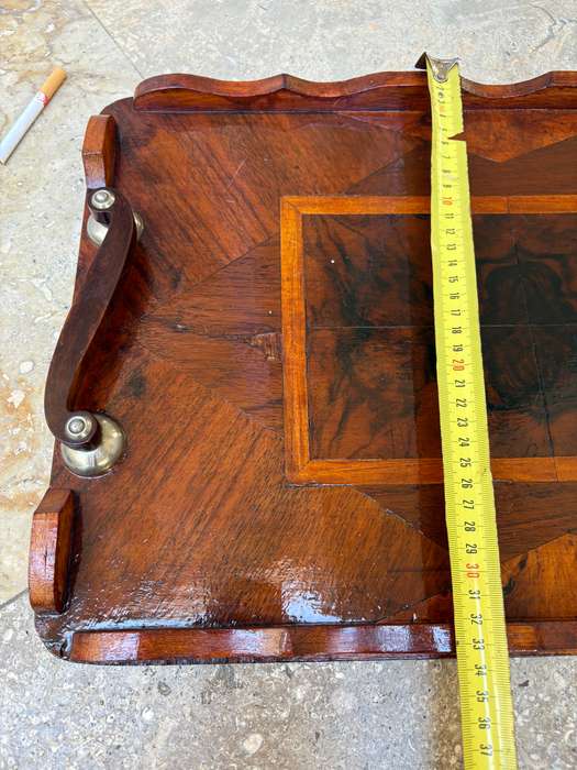 Vintage wood drinks tray inlay detail varnished