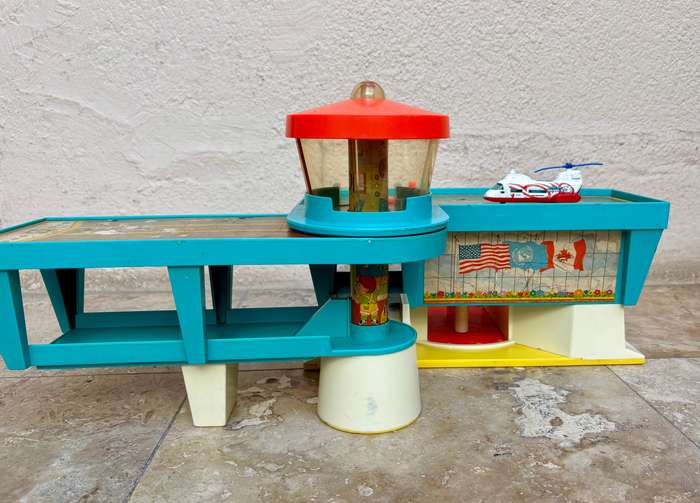 Vintage fisher price airport with old diecast transporter helicopter tlc