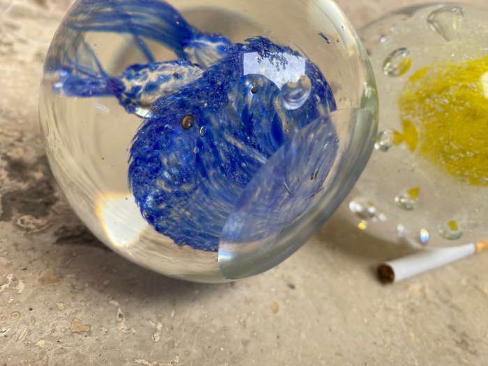 vintage Murano glass  paper weight paperweight pair bubbles Yellow and blue