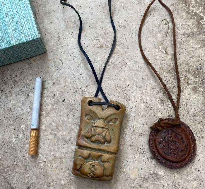Soapstone tiki necklace , Greek necklace pair leather thong