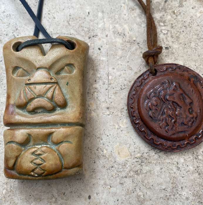 Soapstone tiki necklace , Greek necklace pair leather thong