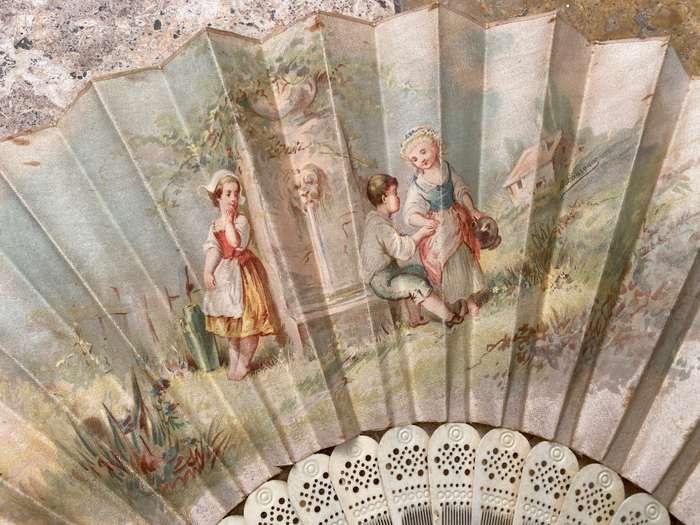 Antique hand fan carved bone and paper tlc , sold as spares