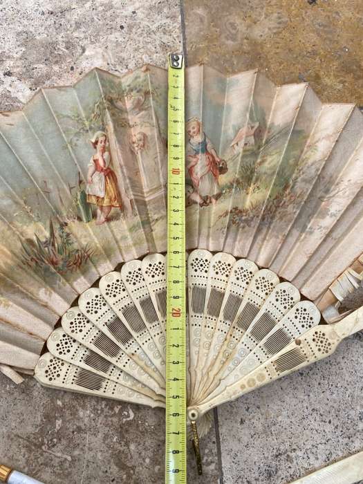 Antique hand fan carved bone and paper tlc , sold as spares