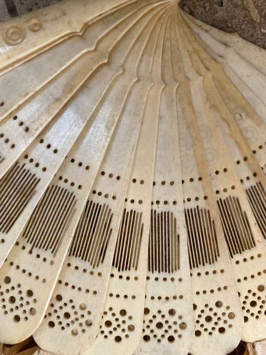 Antique hand fan carved bone and paper tlc , sold as spares