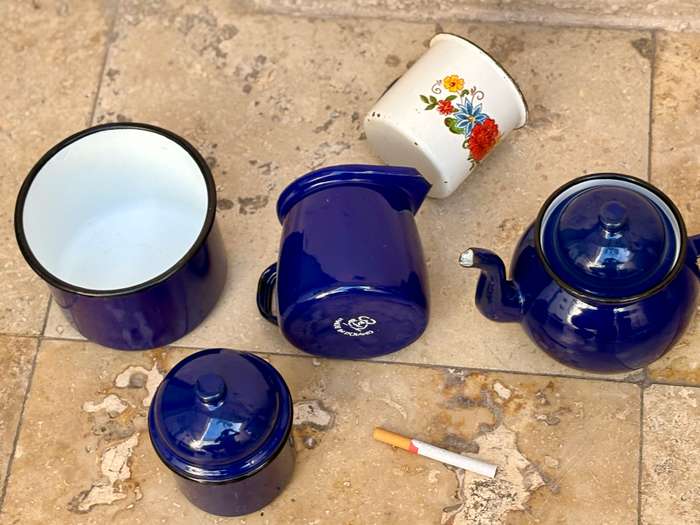 Vintage blue enamel coffee set made in Poland