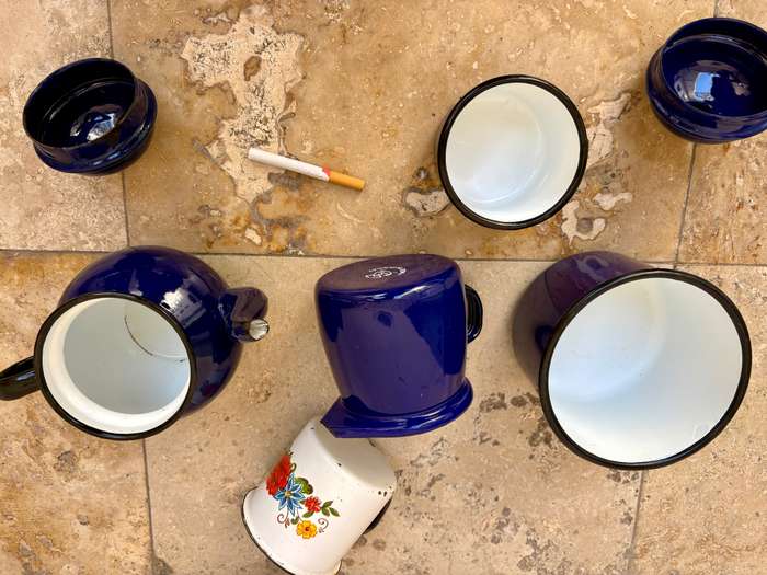 Vintage blue enamel coffee set made in Poland