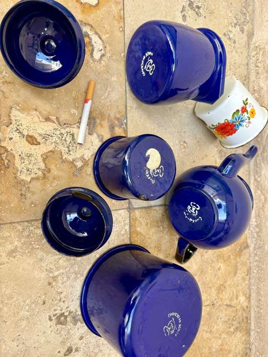 Vintage blue enamel coffee set made in Poland