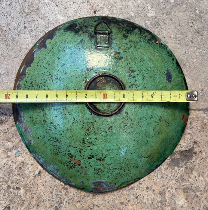 Vintage copper green  enamelled wall plate art with brass detail
