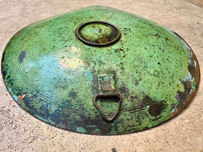 Vintage copper green  enamelled wall plate art with brass detail