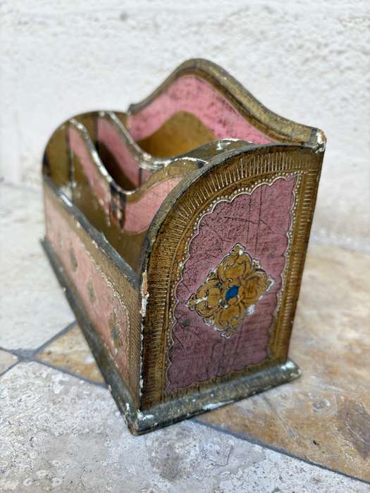 Vintage ornate gilt Italian letter rack holder hand painted