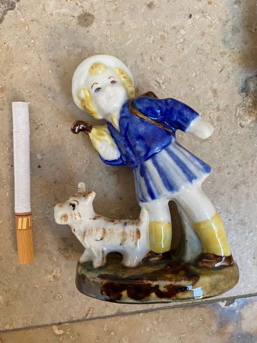 Vintage ceramic porcelain figurine pair , child with dog and soldier