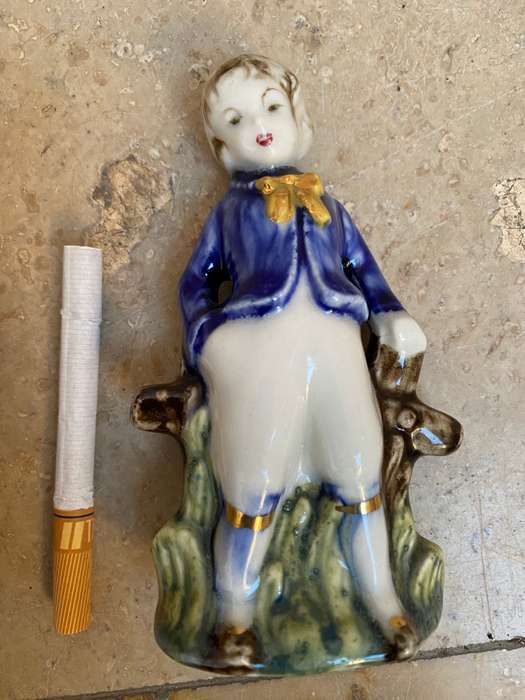Vintage ceramic porcelain figurine pair , child with dog and soldier