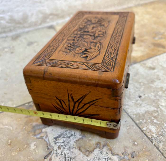 Antique Asian hand Carved Camphor wood wooden  vintage Jewellery Box
