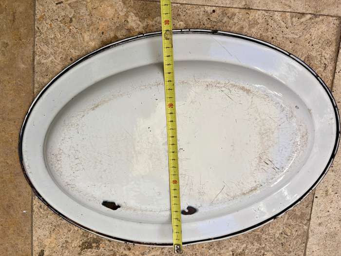 Vintage Kockums enamel oval  tray 45 cm white with blue trimming, Sweden