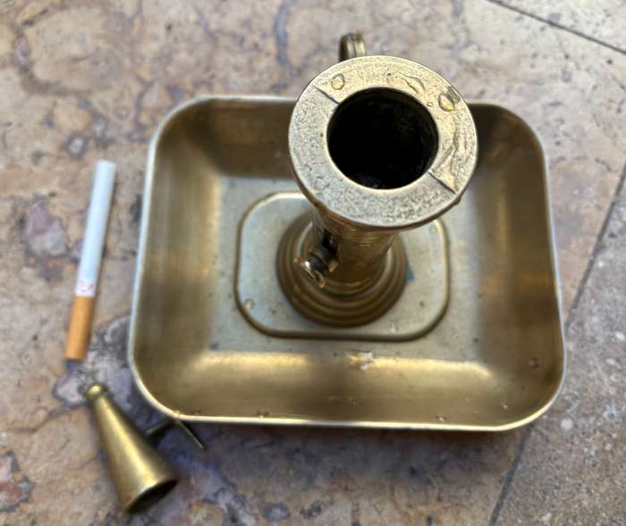 Antique brass Chamberstick  pushup candle rectangular base with snuffer