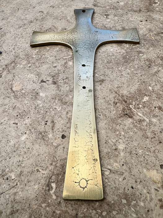Vintage brass crucifix wall mount made in Italy 22cm with wood backing 30cm