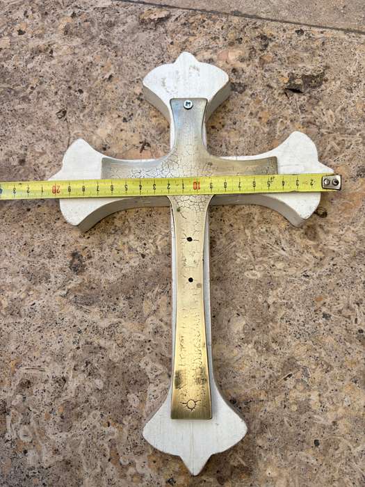 Vintage brass crucifix wall mount made in Italy 22cm with wood backing 30cm