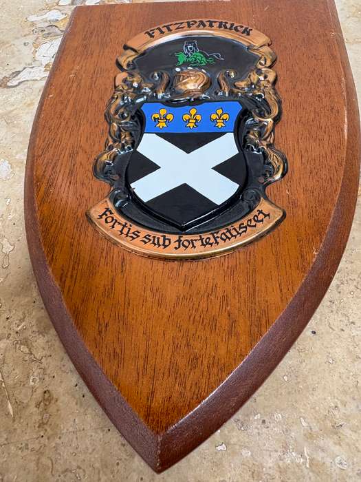 Vintage Irish wooden coat of arms plaque Fitzpatrick