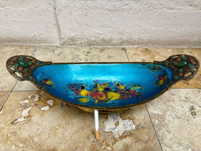 Vintage brass large enamel fruit  bowl Israel Jerusalem footed