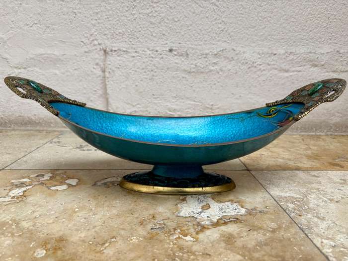 Vintage brass large enamel fruit  bowl Israel Jerusalem footed