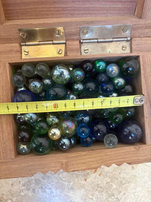 Vintage exotic Wood carved box filled with vintage soda marbles