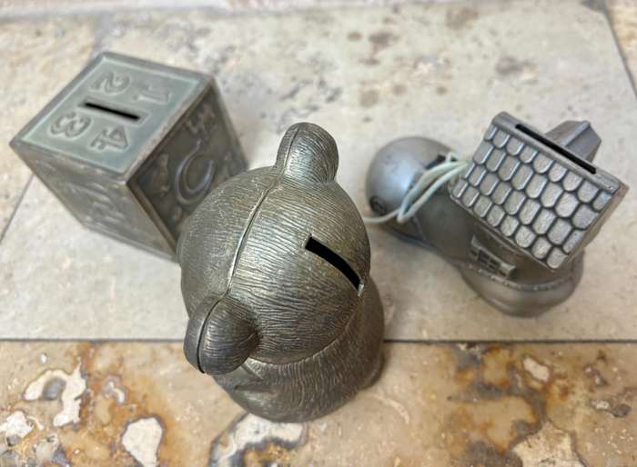 Vintage child toy metal money box lot of 3 ornament