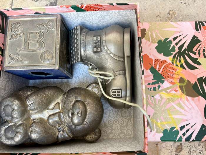 Vintage child toy metal money box lot of 3 ornament