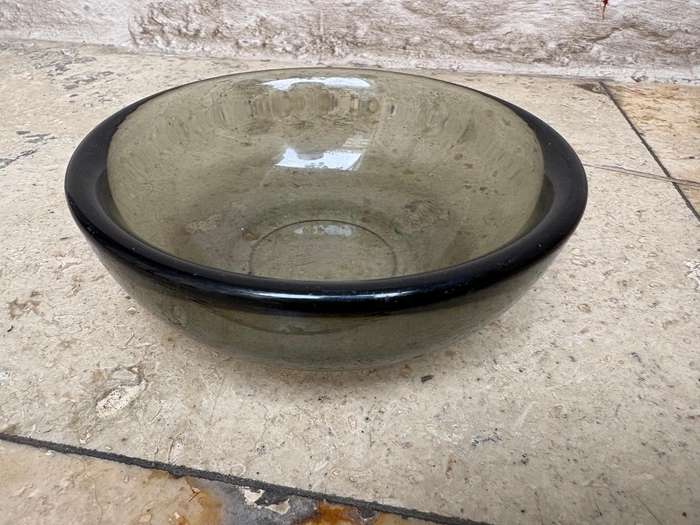Vintage Fuga Orrefors bowl smoky charcoal clear heavy glass Sweden signed