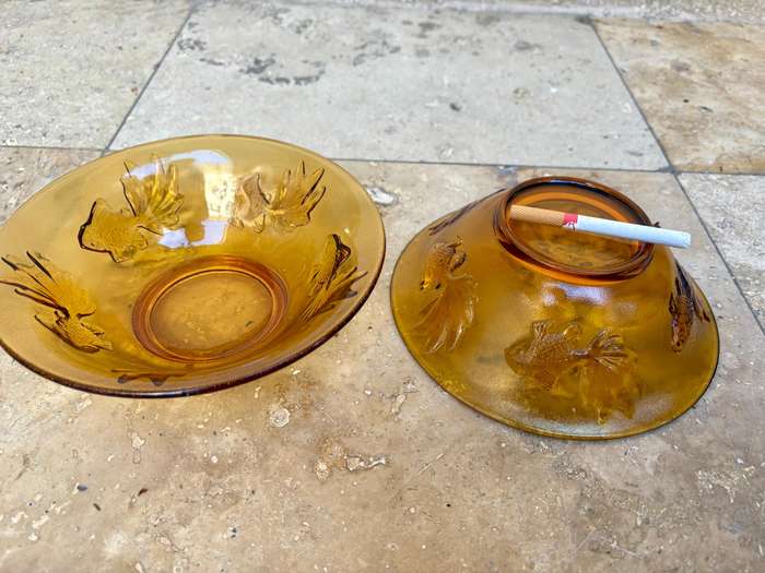 Vintage Pasari Indonesian Amber Glass Goldfish Koi Bowl Pair of 2